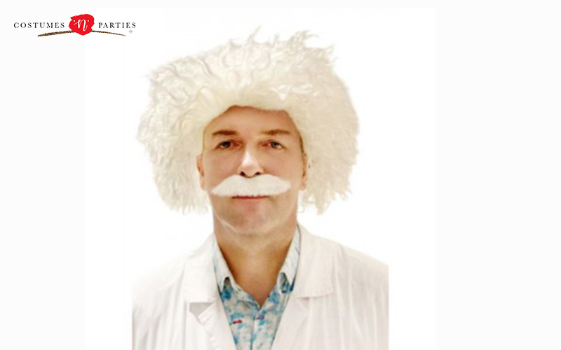 A man in a wig and mustache for a costume part